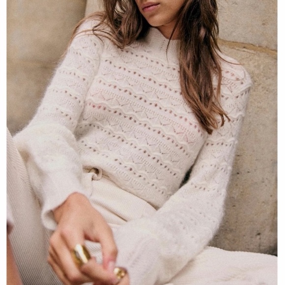 SEZANE Ecru Cream Open Knit Mohair Wool Scalloped Mock Neck Sweater Lya Jumper - Picture 11 of 12